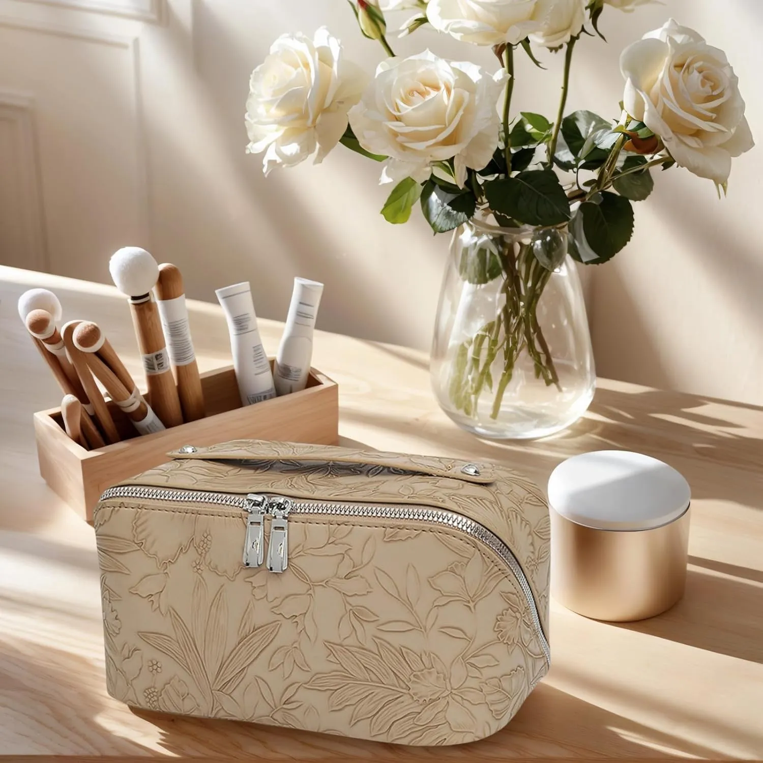SAILYLENCEY]Travel Makeup Bag - PU leather Waterproof, Large capacityWith divider and storage bagPortable with handle