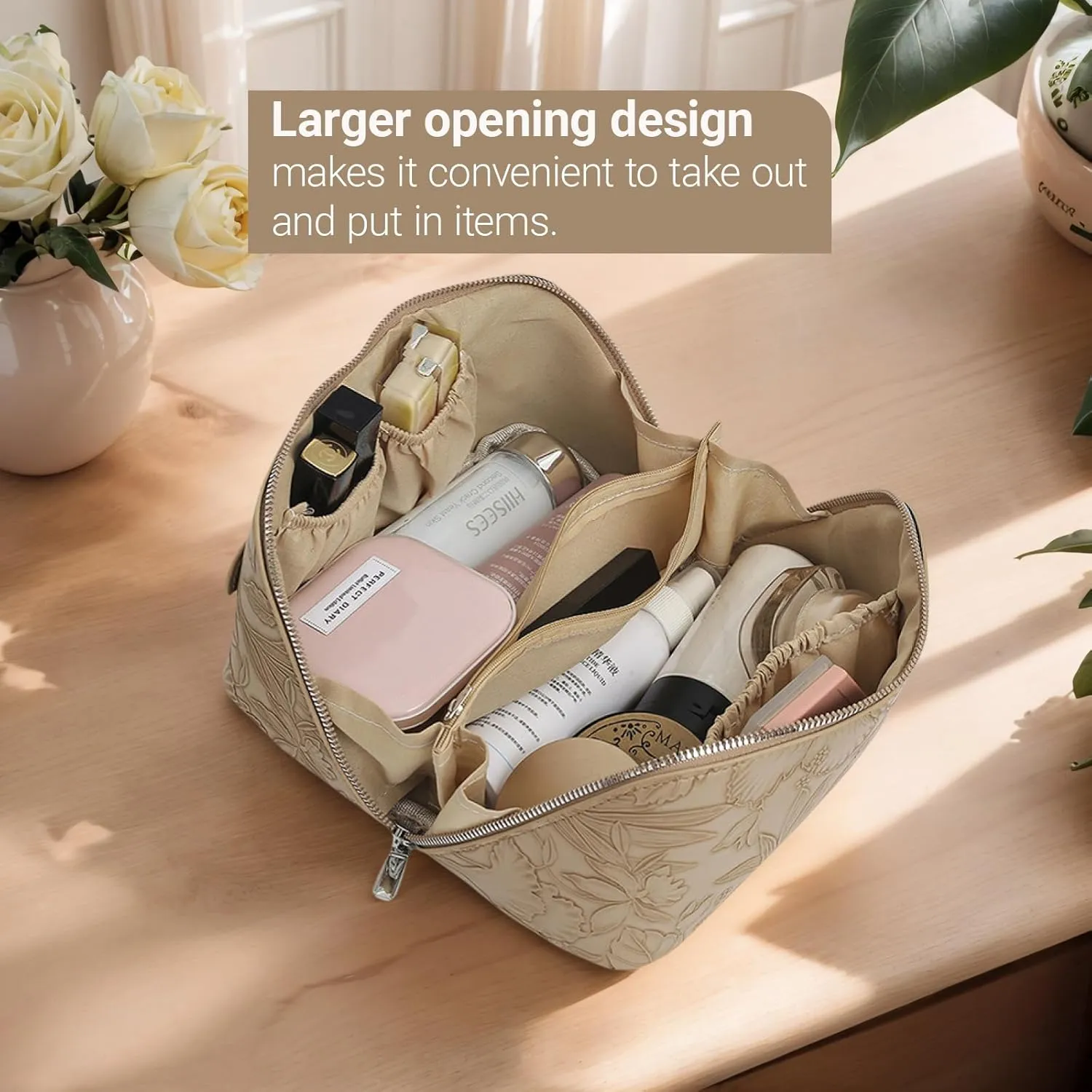 SAILYLENCEY]Travel Makeup Bag - PU leather Waterproof, Large capacityWith divider and storage bagPortable with handle