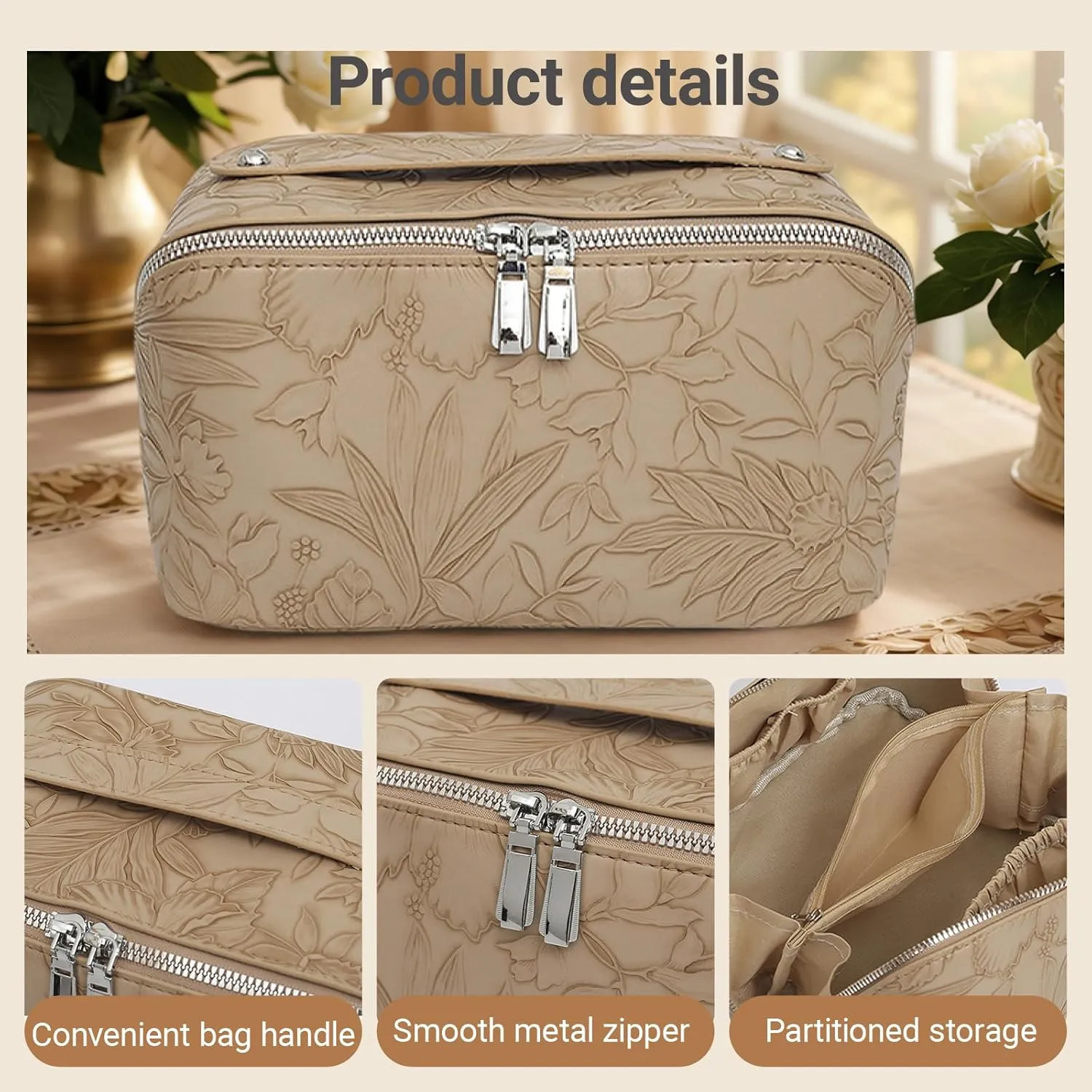 SAILYLENCEY]Travel Makeup Bag - PU leather Waterproof, Large capacityWith divider and storage bagPortable with handle