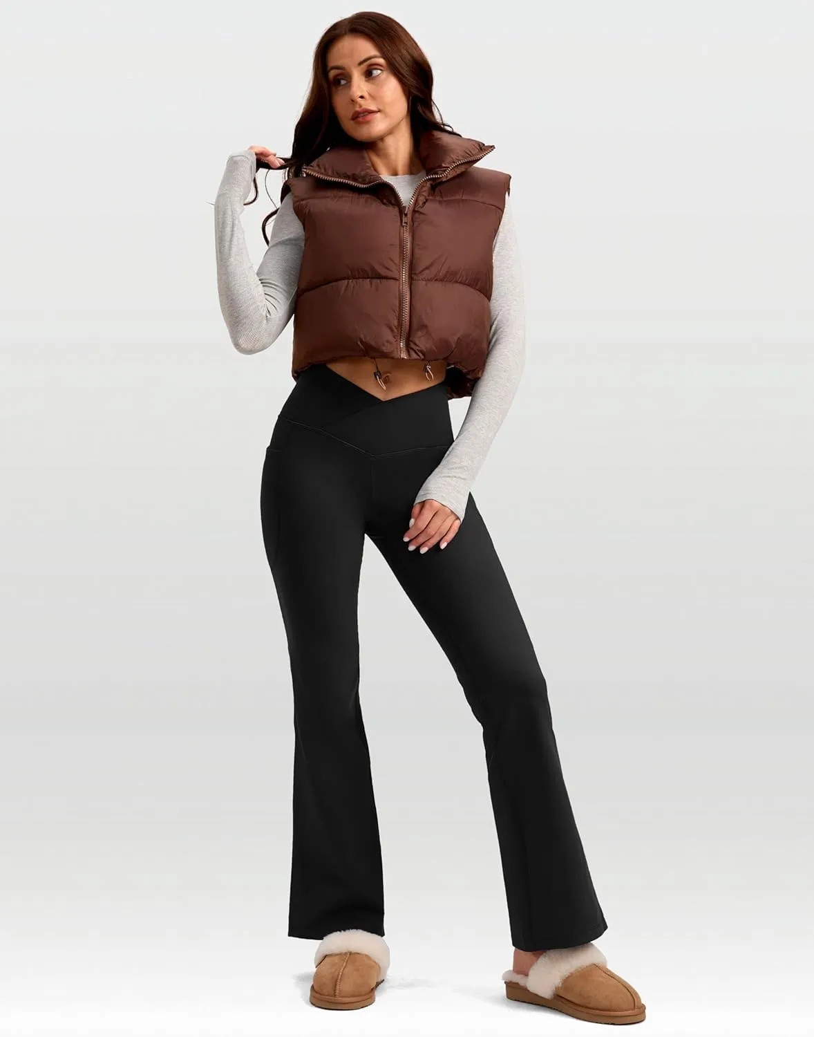 SANTINY Women's Fleece Lined Pants with Pockets Crossover Yoga Pants 28.5"/30.5"/32" Thermal Warm Flare Leggings for Women