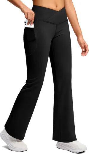 SANTINY Women's Fleece Lined Pants with Pockets Crossover Yoga Pants 28.5"/30.5"/32" Thermal Warm Flare Leggings for Women