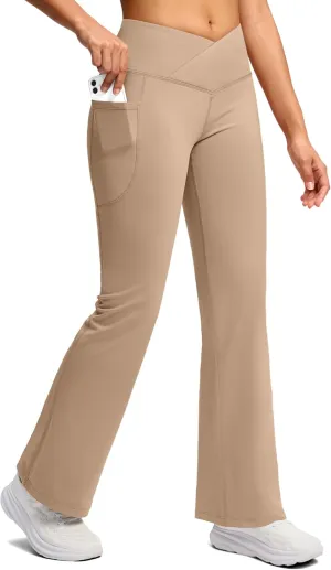 SANTINY Women's Fleece Lined Pants with Pockets Crossover Yoga Pants 28.5"/30.5"/32" Thermal Warm Flare Leggings for Women