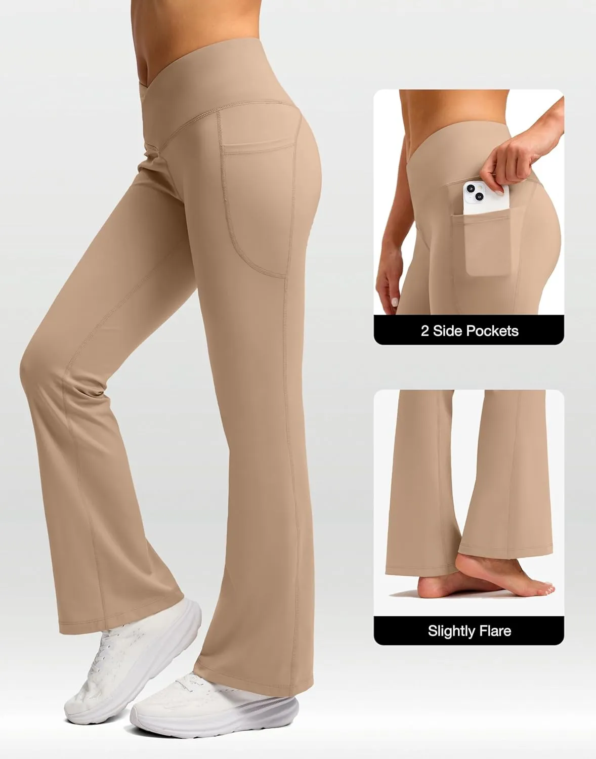 SANTINY Women's Fleece Lined Pants with Pockets Crossover Yoga Pants 28.5"/30.5"/32" Thermal Warm Flare Leggings for Women