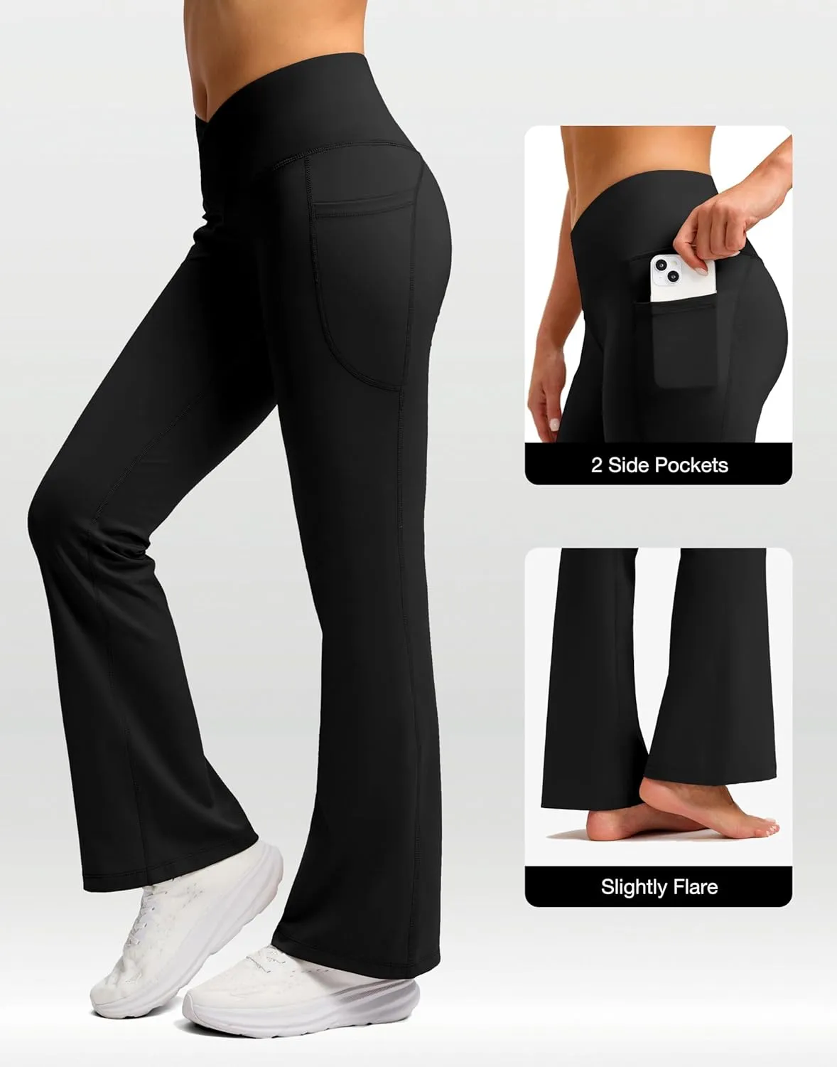SANTINY Women's Fleece Lined Pants with Pockets Crossover Yoga Pants 28.5"/30.5"/32" Thermal Warm Flare Leggings for Women