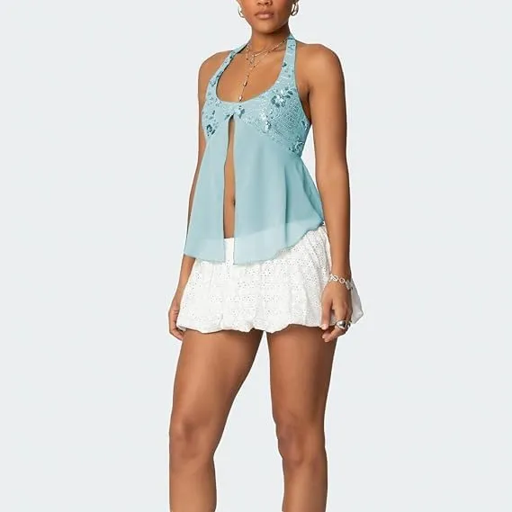 Sequin Top Y2k Women Sleeveless Backless Halter Sexy Sparkly Beaded Crop Tank Open Back Low Cut Going Out Camisole