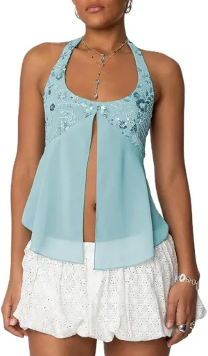 Sequin Top Y2k Women Sleeveless Backless Halter Sexy Sparkly Beaded Crop Tank Open Back Low Cut Going Out Camisole