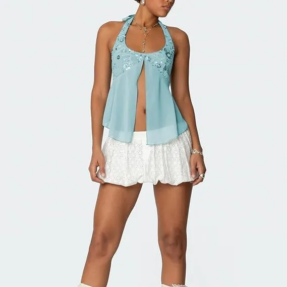 Sequin Top Y2k Women Sleeveless Backless Halter Sexy Sparkly Beaded Crop Tank Open Back Low Cut Going Out Camisole