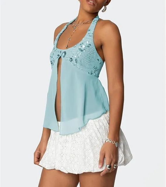 Sequin Top Y2k Women Sleeveless Backless Halter Sexy Sparkly Beaded Crop Tank Open Back Low Cut Going Out Camisole