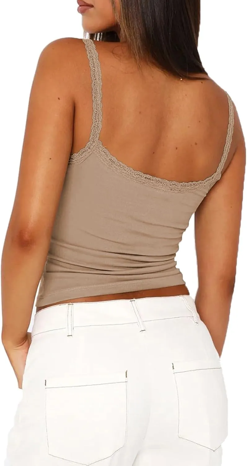 Sexy Lace Trim Tank Tops for Women Y2K Sleeveless Spaghetti Strap Slim Fit Basic Cami Shirts Going Out Camisole