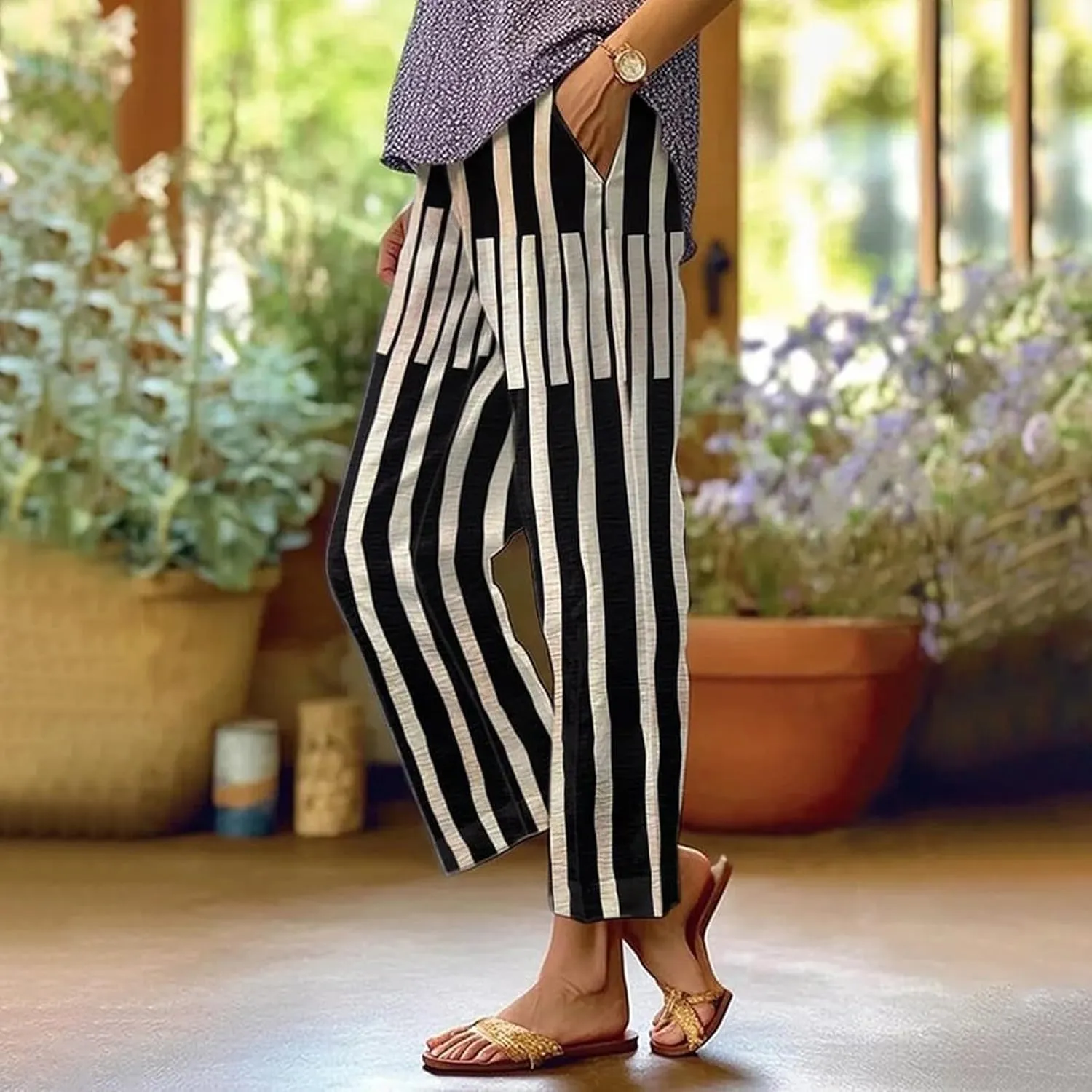 Side Stripe Pants Women for Beach Vacation Clothes for Women Linen Straight Leg Elastic Waist Womens Summer Outfits