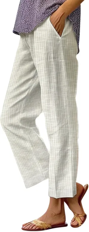 Side Stripe Pants Women for Beach Vacation Clothes for Women Linen Straight Leg Elastic Waist Womens Summer Outfits