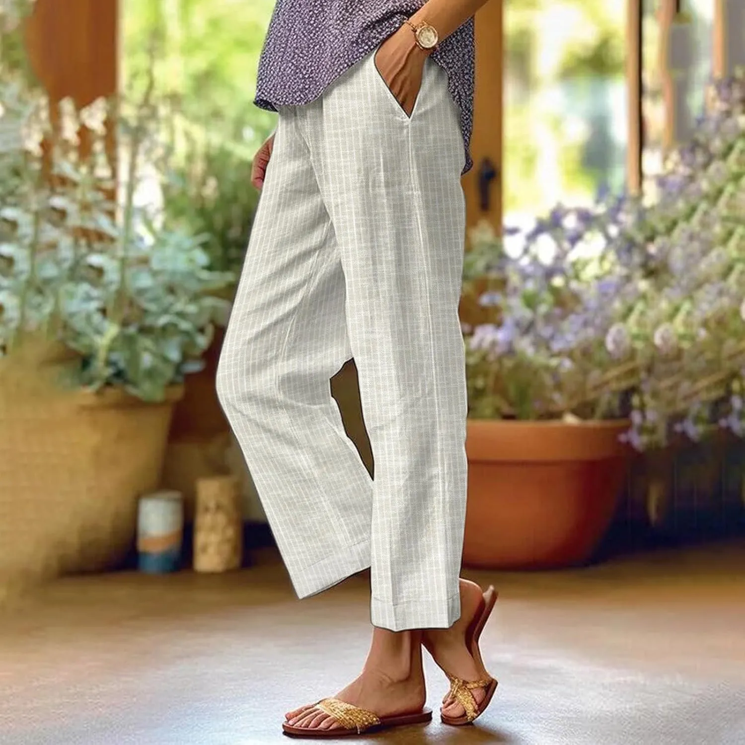 Side Stripe Pants Women for Beach Vacation Clothes for Women Linen Straight Leg Elastic Waist Womens Summer Outfits