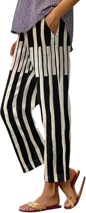 Side Stripe Pants Women for Beach Vacation Clothes for Women Linen Straight Leg Elastic Waist Womens Summer Outfits