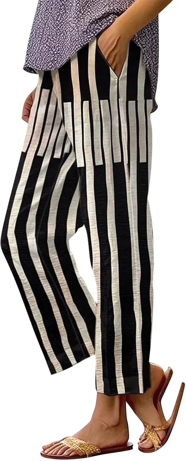 Side Stripe Pants Women for Beach Vacation Clothes for Women Linen Straight Leg Elastic Waist Womens Summer Outfits