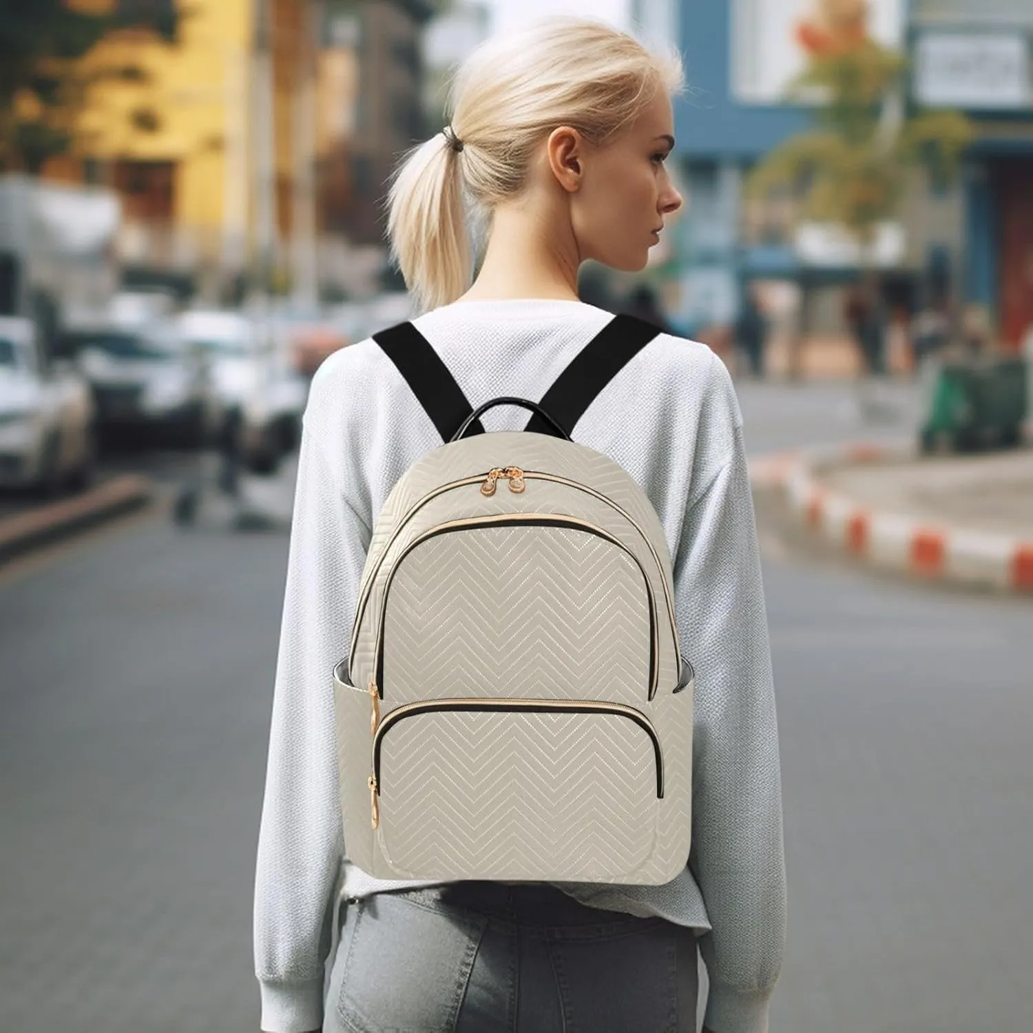 Sinestour Beige Backpack Purse Lightweight Shoulder Bag Fashion Travel Backpack Handbags for Women Work Ladies Teenage