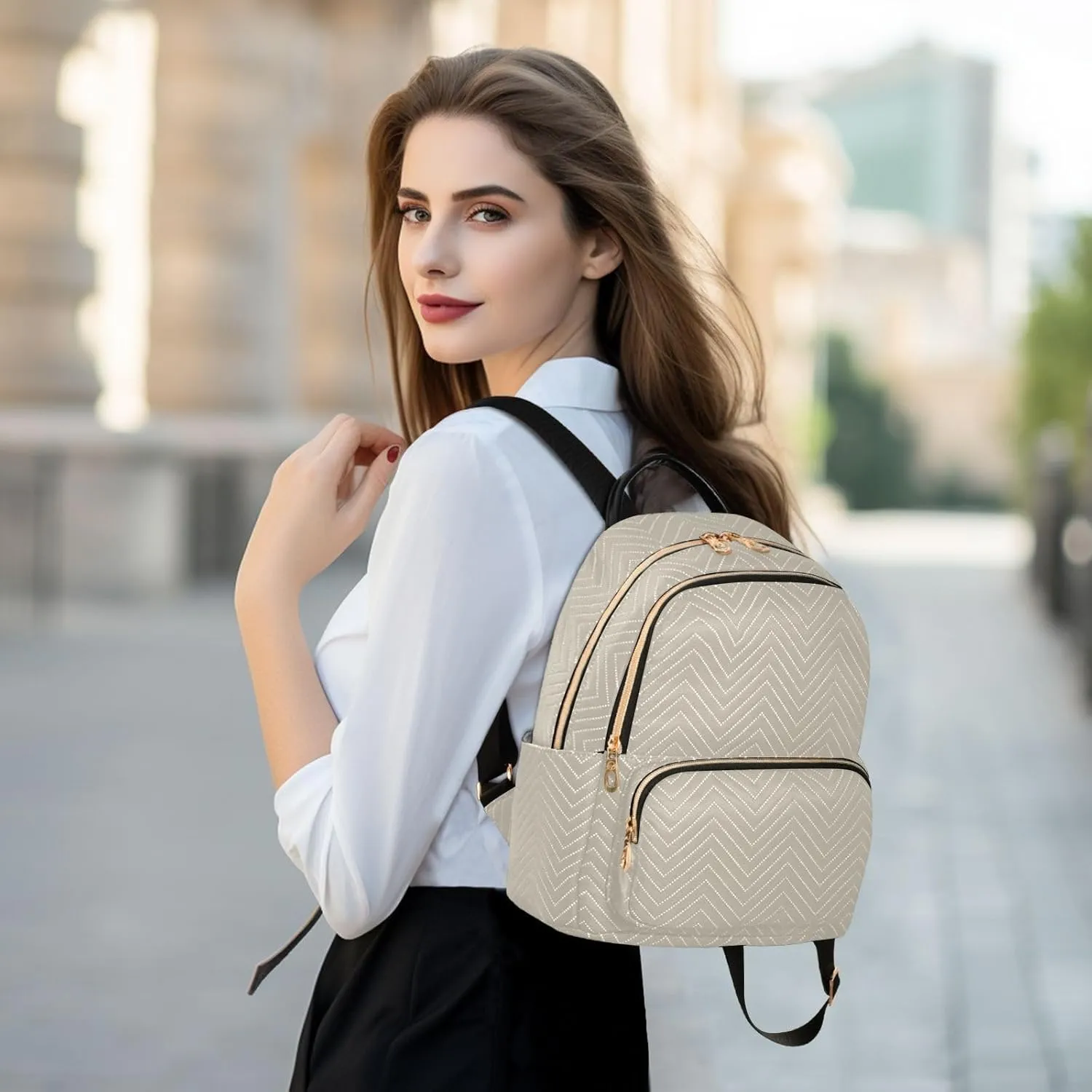 Sinestour Beige Backpack Purse Lightweight Shoulder Bag Fashion Travel Backpack Handbags for Women Work Ladies Teenage
