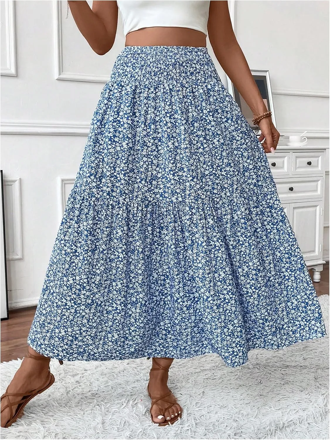 SOLY HUX Women's Floral Print Ruffle Hem Skirt High Waisted Shirred Flowy Maxi Skirts with Pockets