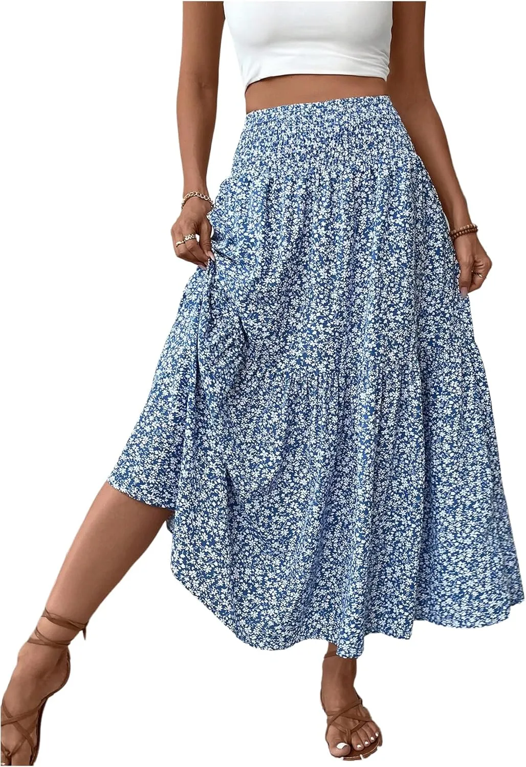SOLY HUX Women's Floral Print Ruffle Hem Skirt High Waisted Shirred Flowy Maxi Skirts with Pockets