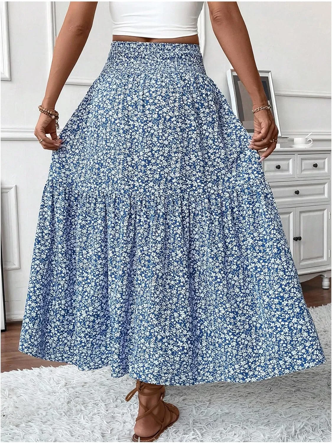 SOLY HUX Women's Floral Print Ruffle Hem Skirt High Waisted Shirred Flowy Maxi Skirts with Pockets