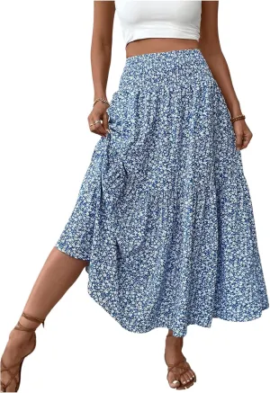 SOLY HUX Women's Floral Print Ruffle Hem Skirt High Waisted Shirred Flowy Maxi Skirts with Pockets