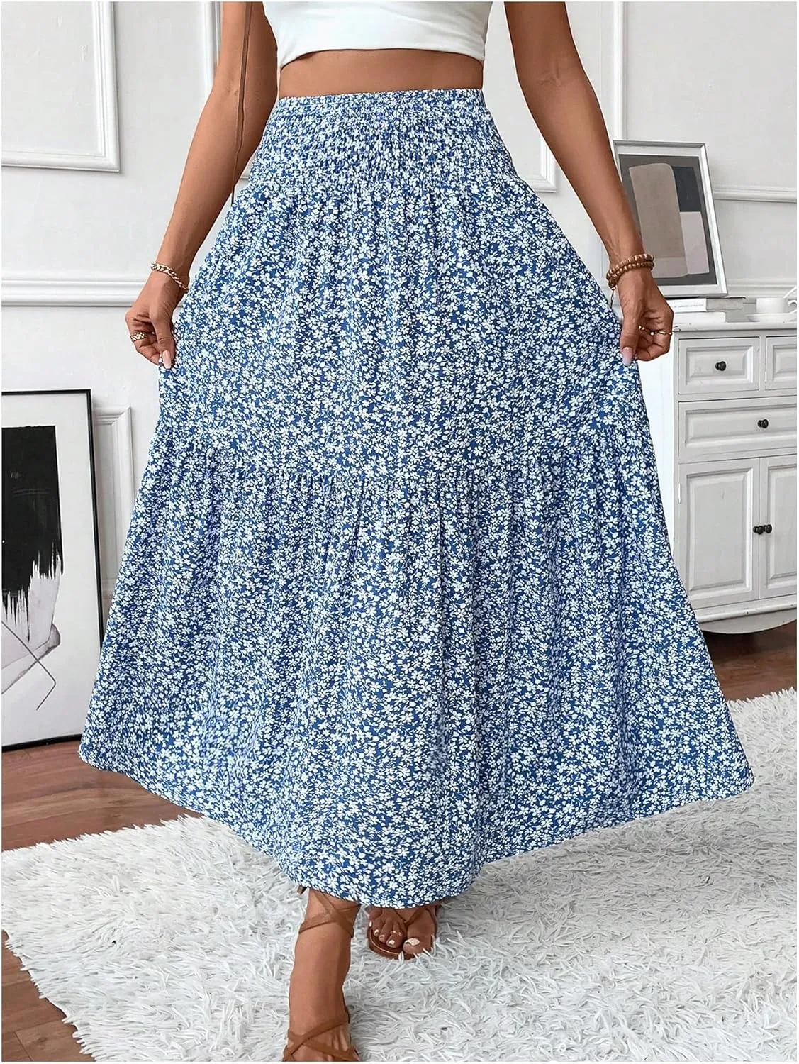 SOLY HUX Women's Floral Print Ruffle Hem Skirt High Waisted Shirred Flowy Maxi Skirts with Pockets