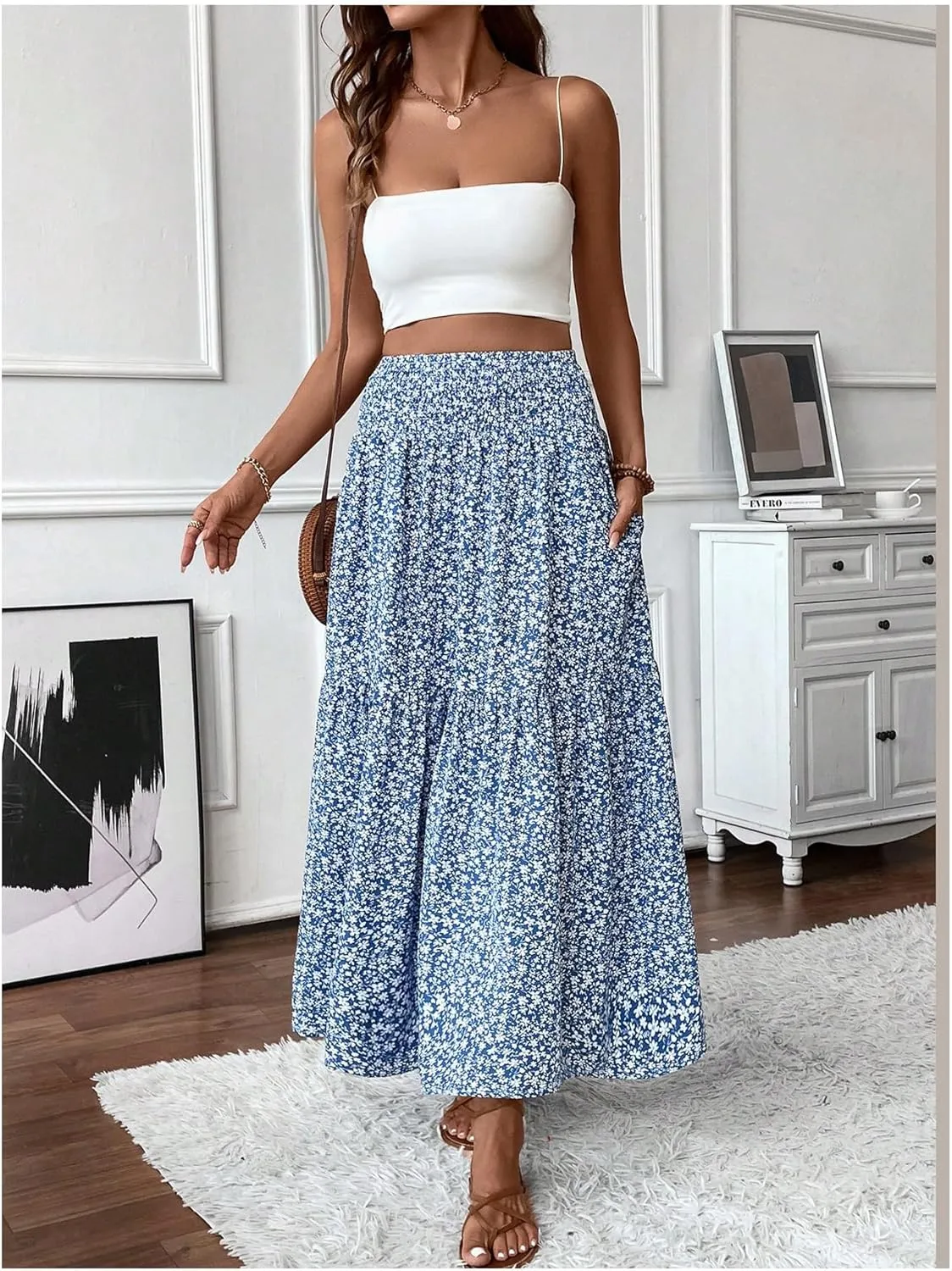SOLY HUX Women's Floral Print Ruffle Hem Skirt High Waisted Shirred Flowy Maxi Skirts with Pockets