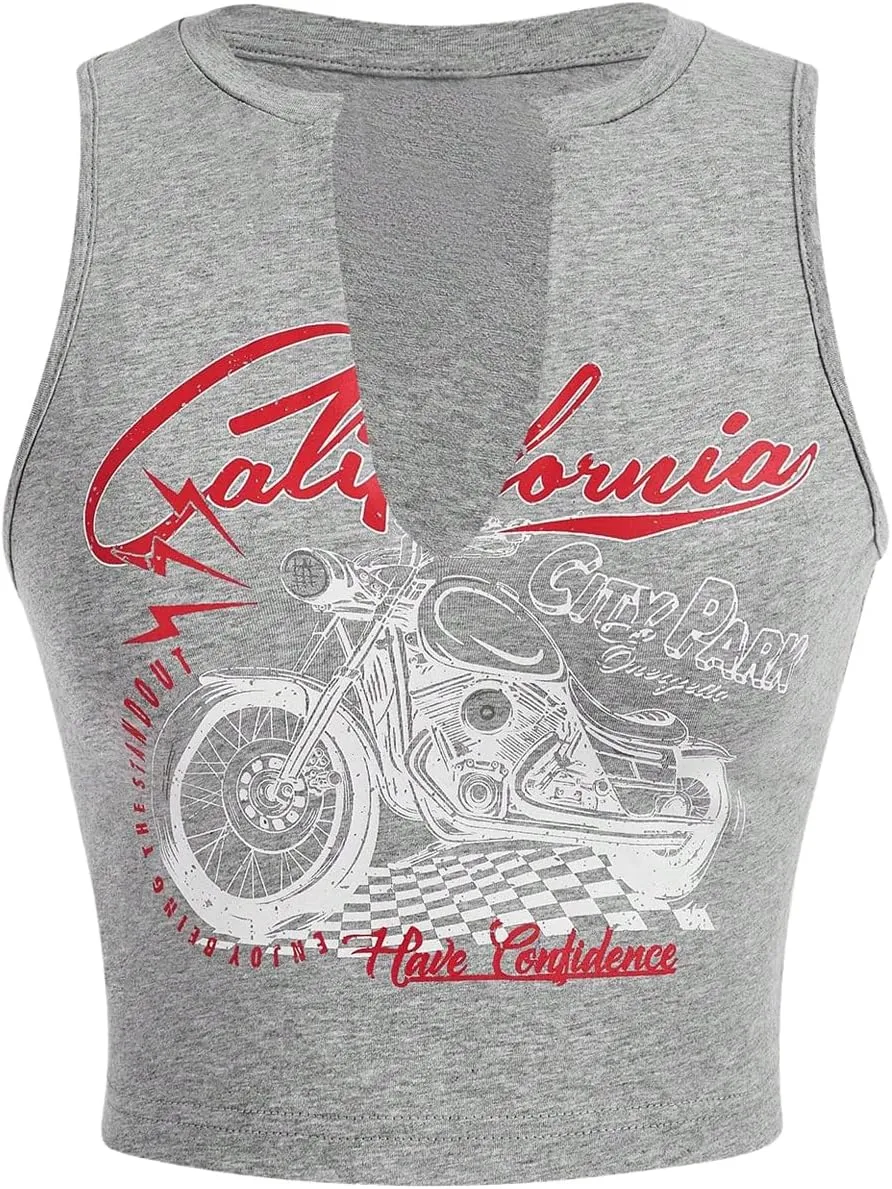 SOLY HUX Women's Letter Graphic Tank Top Notched V Neck Sleeveless Summer Crop Tops Streetwear