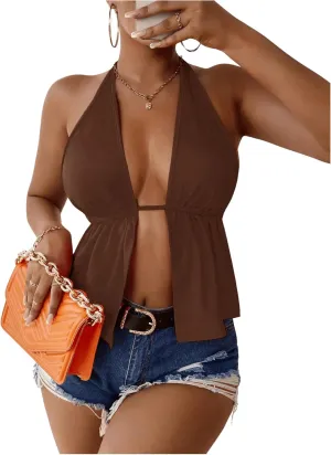 SOLY HUX Women's Open Back Tops Split Front Halter Tie Backless Sleeveless Sexy Top