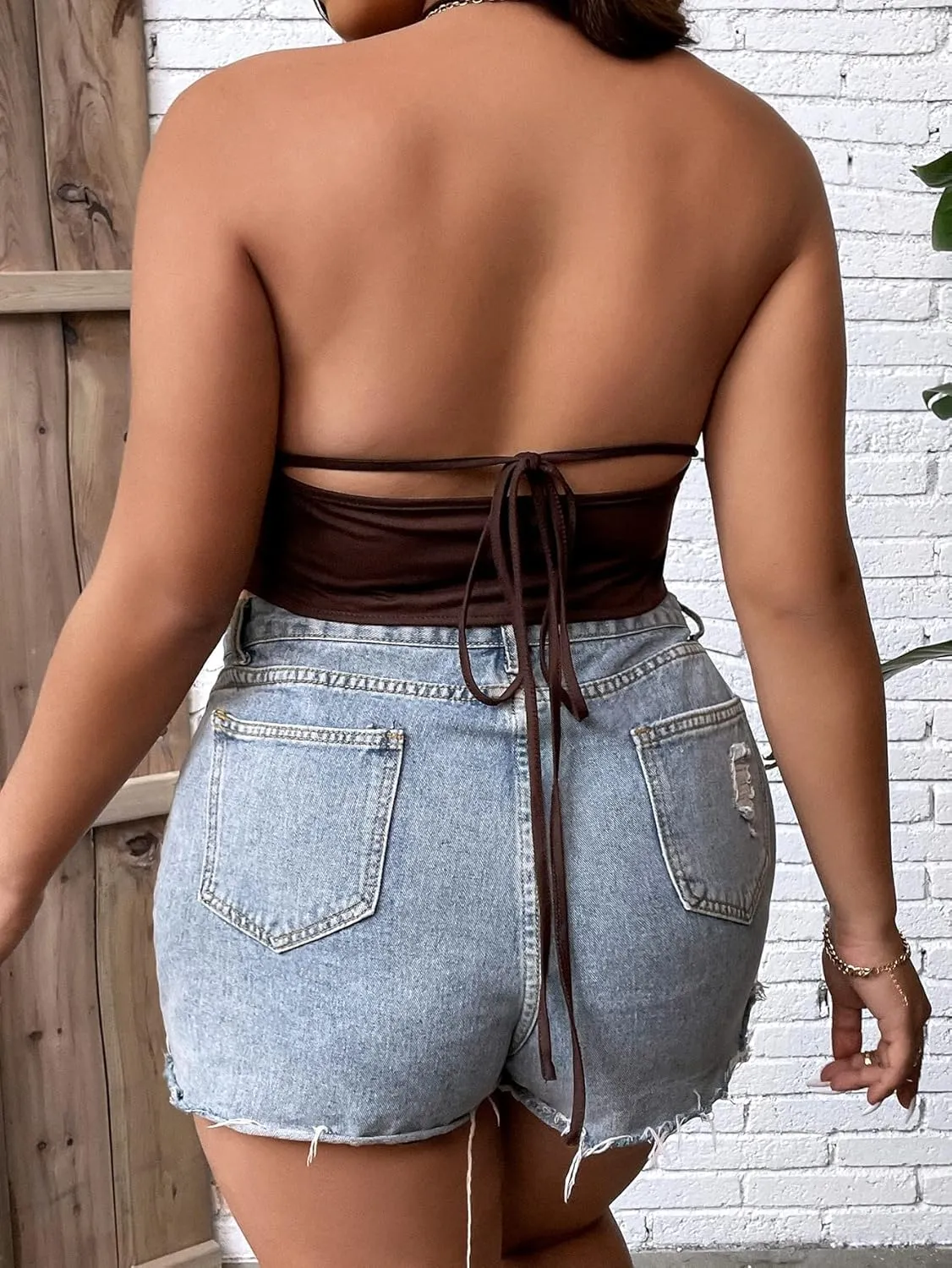 SOLY HUX Women's Plus Size Halter Tie Backless Asymmetrical Hem Sexy Cami Tops
