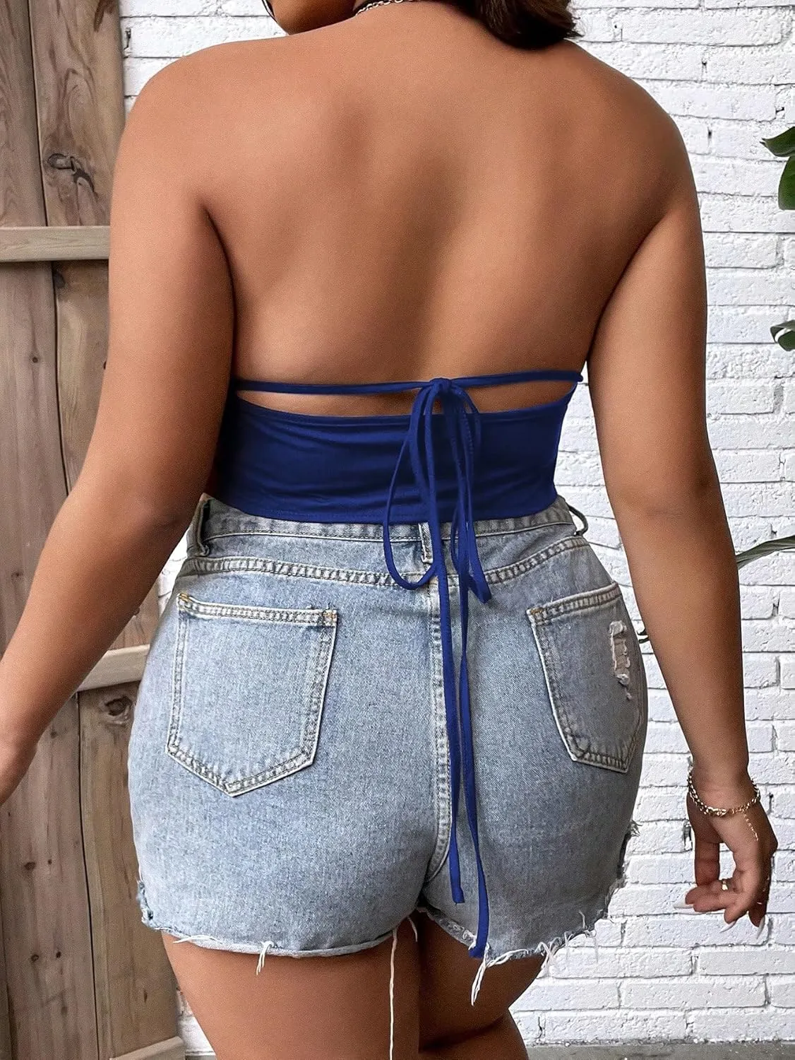 SOLY HUX Women's Plus Size Halter Tie Backless Asymmetrical Hem Sexy Cami Tops