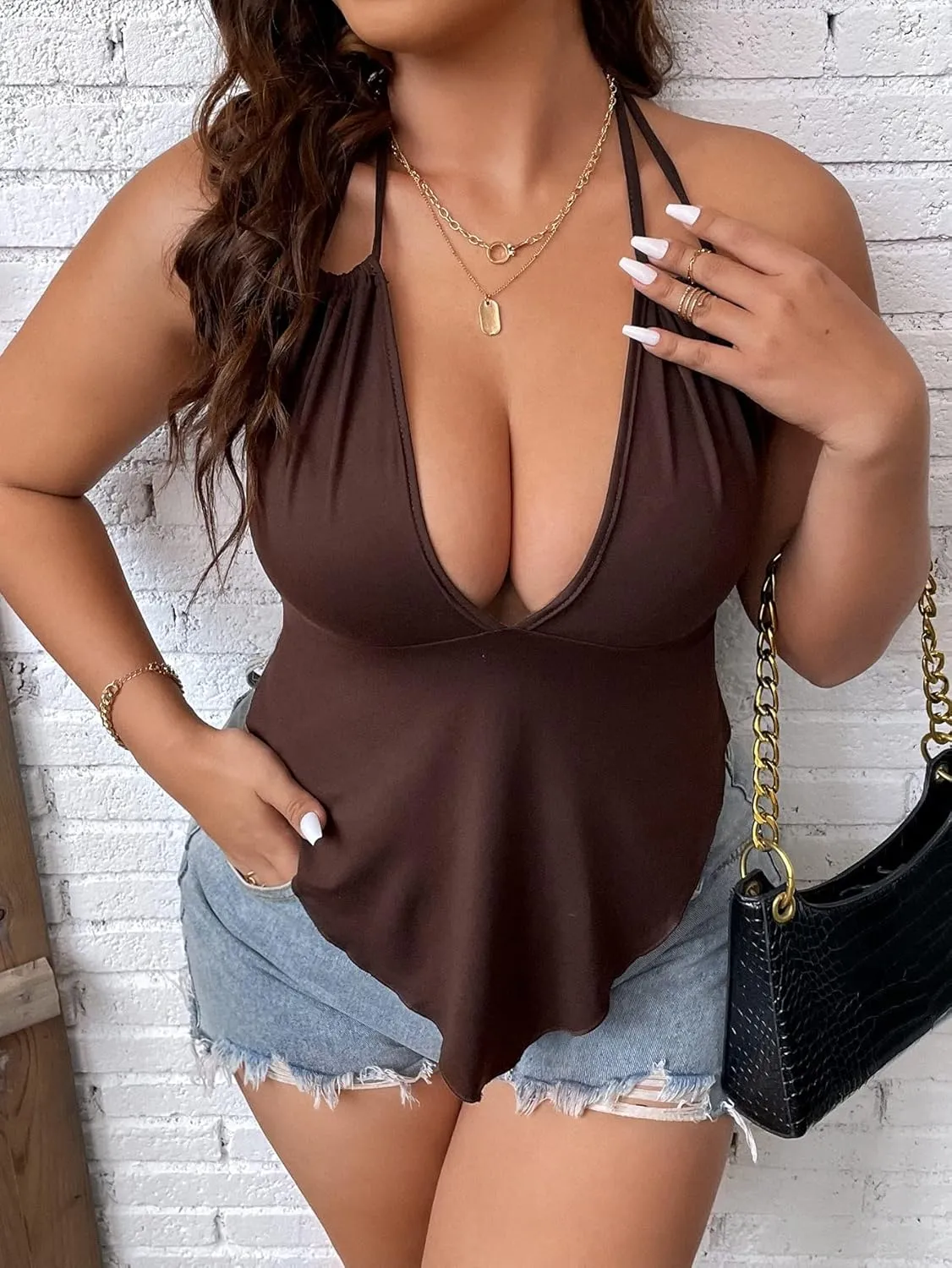SOLY HUX Women's Plus Size Halter Tie Backless Asymmetrical Hem Sexy Cami Tops