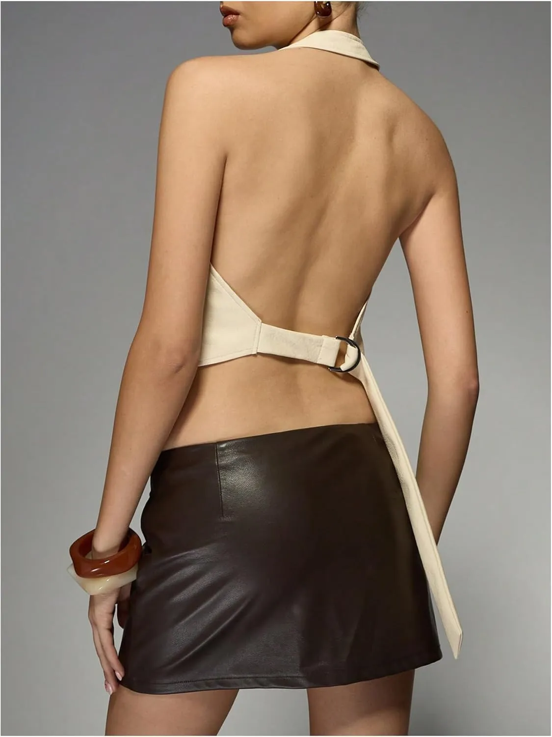 SOLY HUX Women's PU Leather Halter Tank Tops Sexy Deep V Neck Asymmetrical Vest Corset Party Clubwear