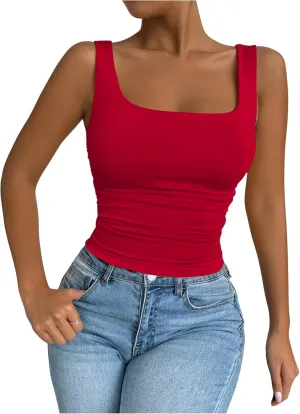 SOLY HUX Women's Summer Sleeveless Square Neck Tank Top Ruched Slim Fit Basic Vest Tops