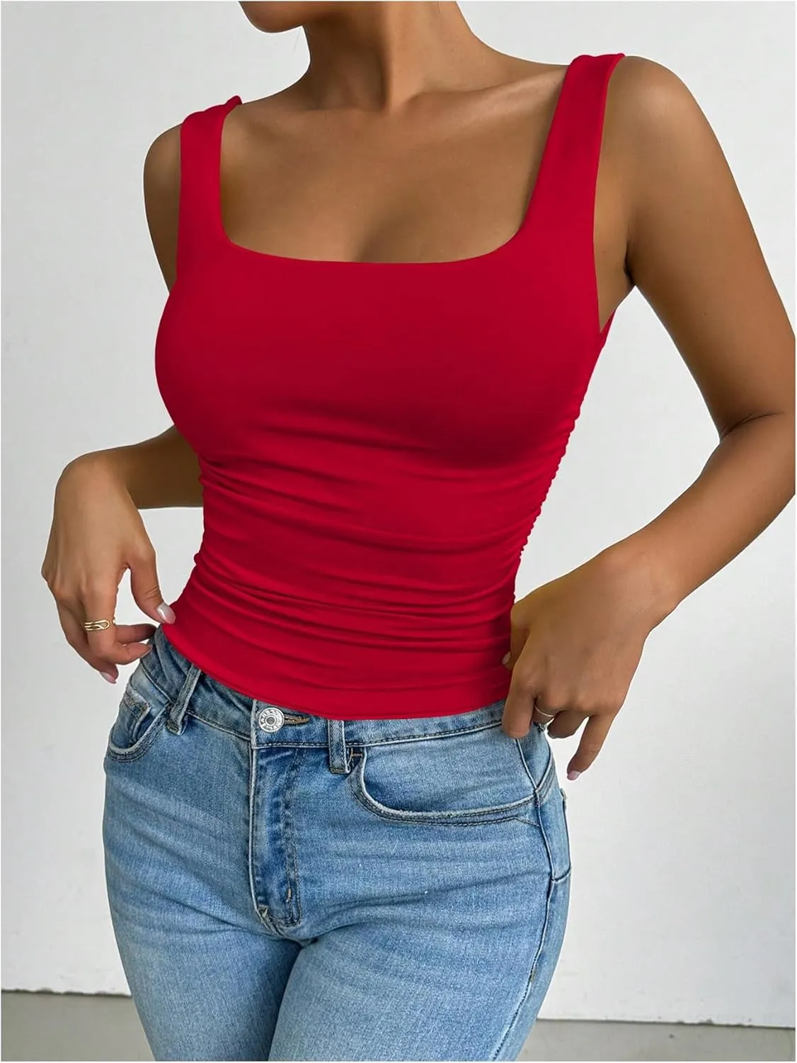 SOLY HUX Women's Summer Sleeveless Square Neck Tank Top Ruched Slim Fit Basic Vest Tops