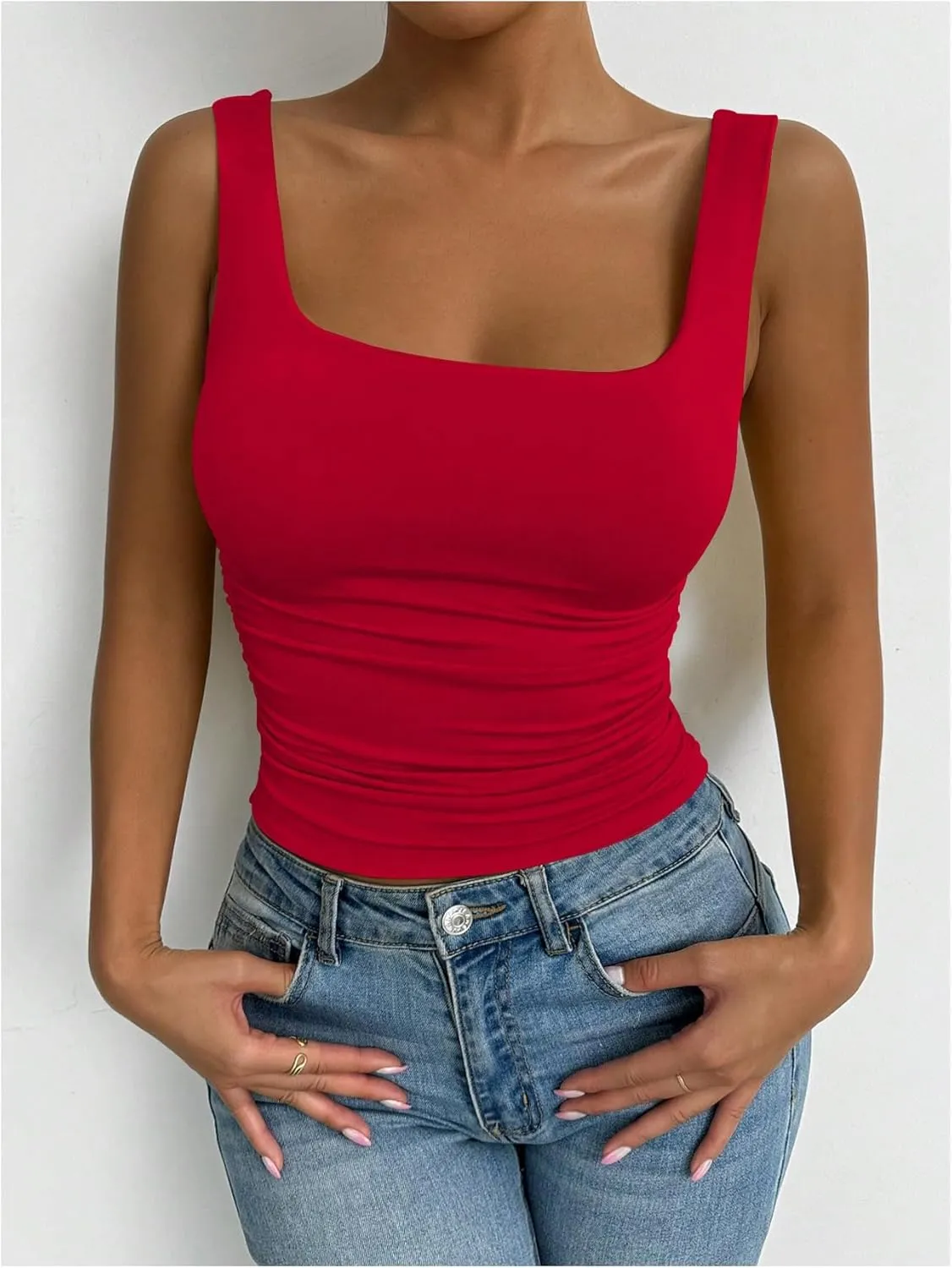 SOLY HUX Women's Summer Sleeveless Square Neck Tank Top Ruched Slim Fit Basic Vest Tops