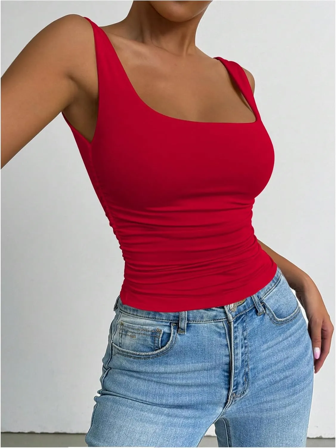 SOLY HUX Women's Summer Sleeveless Square Neck Tank Top Ruched Slim Fit Basic Vest Tops