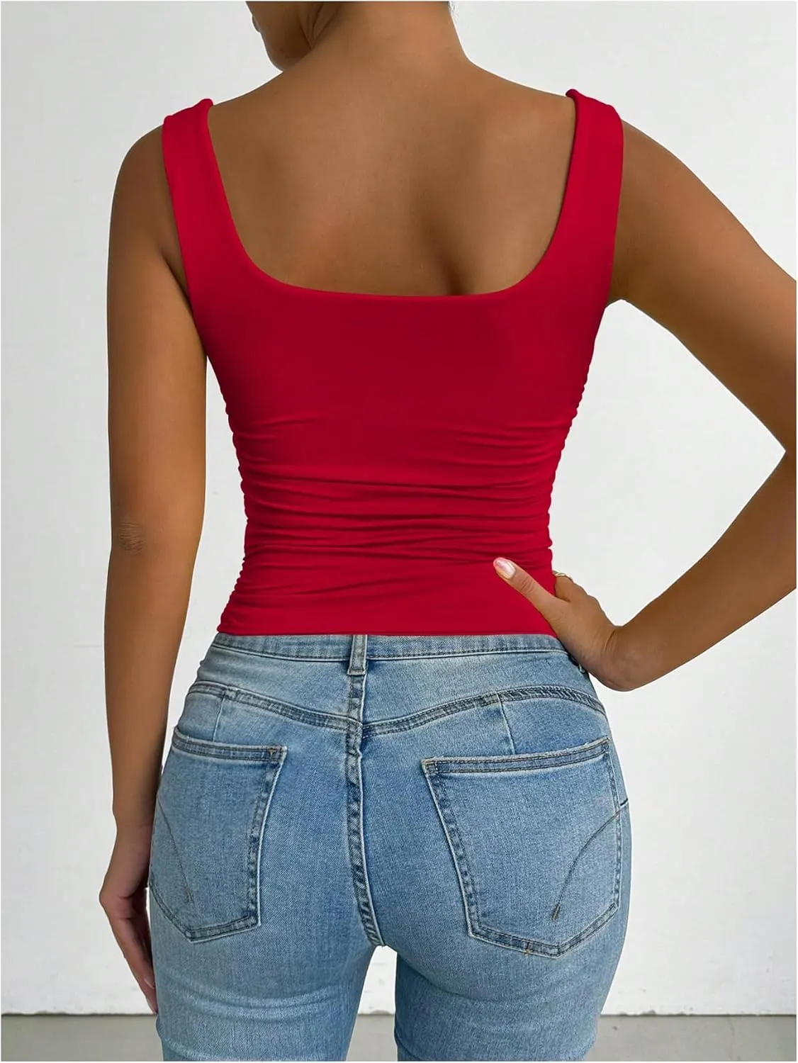SOLY HUX Women's Summer Sleeveless Square Neck Tank Top Ruched Slim Fit Basic Vest Tops