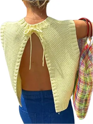 SOLY HUX Women's Tie Open Back Sweater Vest Crew Neck Sleeveless Backless Knit Tank Tops