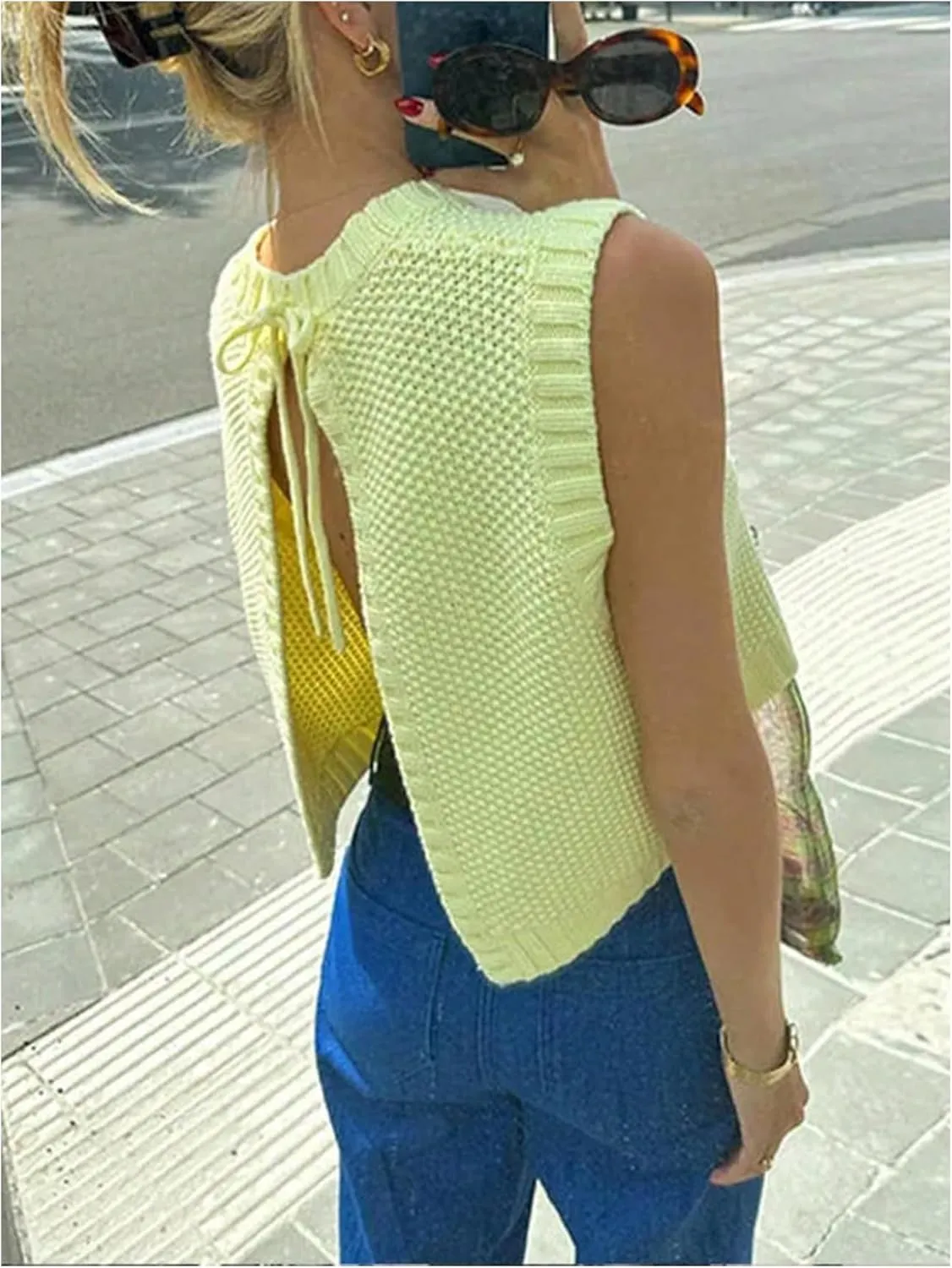 SOLY HUX Women's Tie Open Back Sweater Vest Crew Neck Sleeveless Backless Knit Tank Tops
