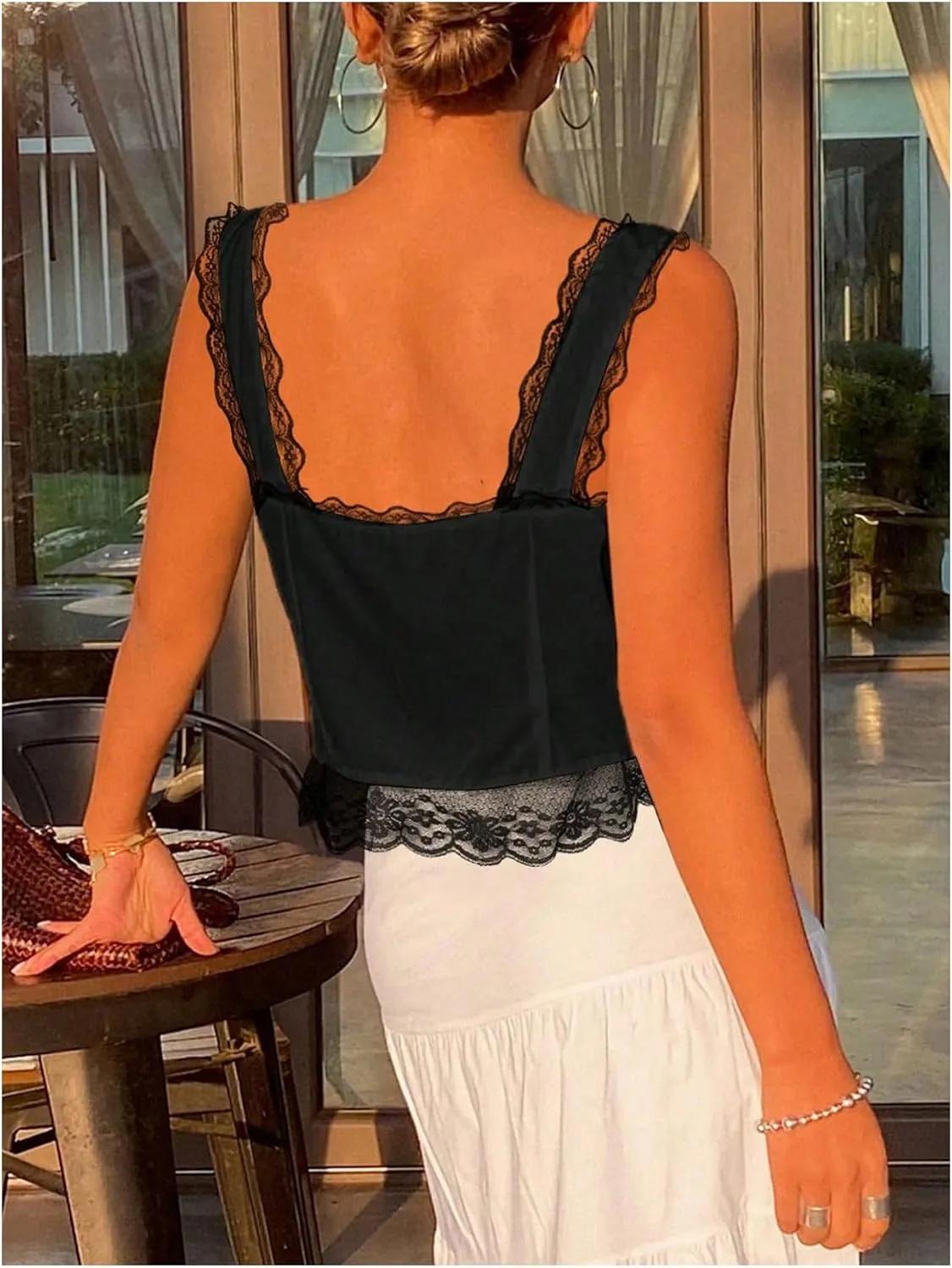 SOLY HUX Women's Y2k Lace Trim Open Tie Front Tank Top V Neck Sleeveless Tops