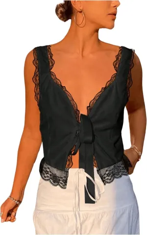 SOLY HUX Women's Y2k Lace Trim Open Tie Front Tank Top V Neck Sleeveless Tops
