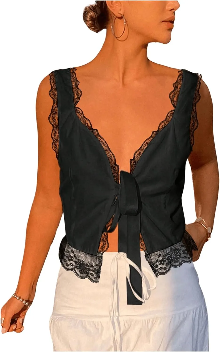 SOLY HUX Women's Y2k Lace Trim Open Tie Front Tank Top V Neck Sleeveless Tops