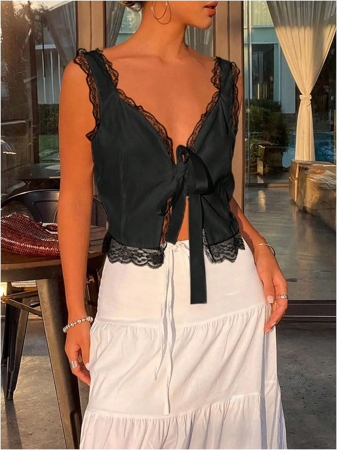 SOLY HUX Women's Y2k Lace Trim Open Tie Front Tank Top V Neck Sleeveless Tops