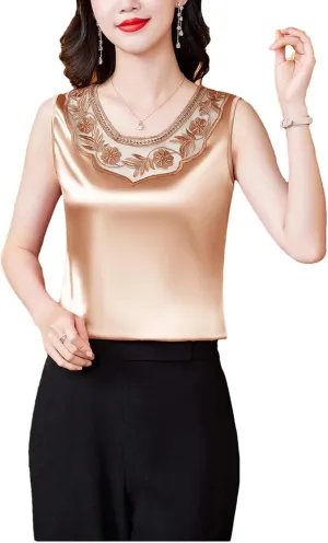 Spring Summer Casual Lace Vest Shirt Round Neck Patchwork Embroidered Satin Women Camisole Tank Top