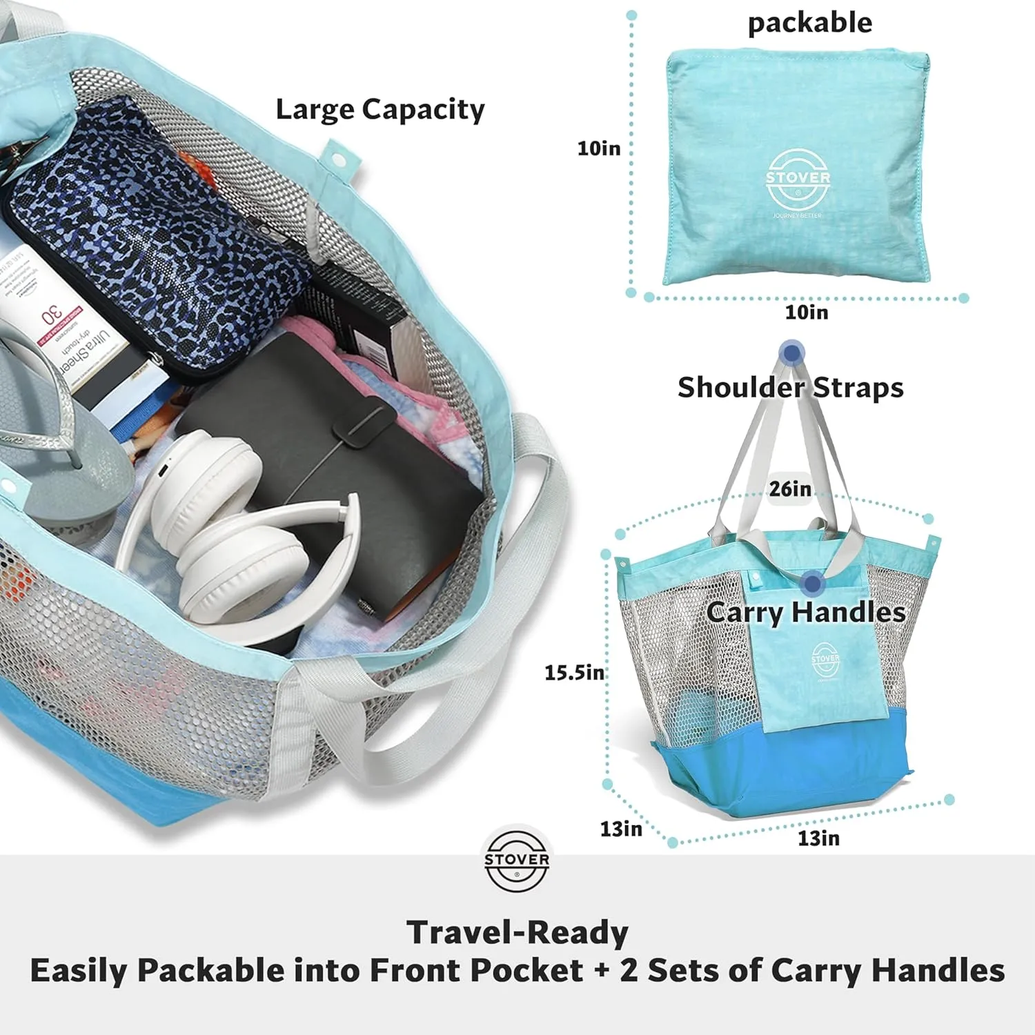 STOVER Large Mesh Beach Bag, Vacation, Pool, Shopping, & Travel Tote - Foldable w/Storage Pockets for Women, Men & Families