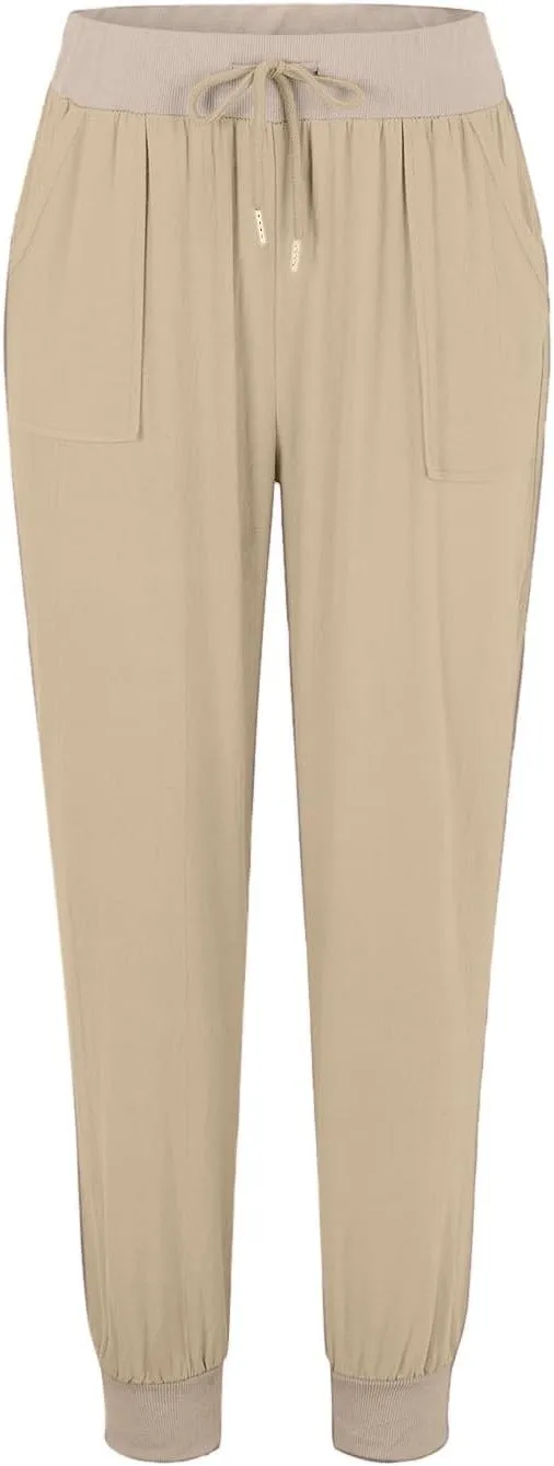 Straight Leg Cotton Linen Pants Women Lightweight Fashion Summer Casual Pants with Pockets Drawstring Loose Trousers