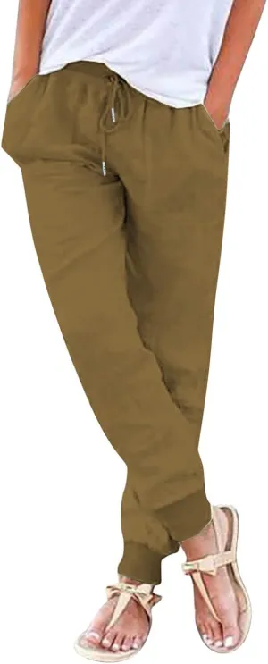 Straight Leg Cotton Linen Pants Women Lightweight Fashion Summer Casual Pants with Pockets Drawstring Loose Trousers