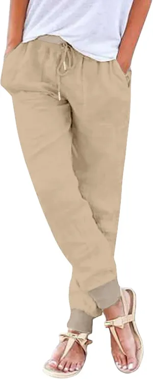 Straight Leg Cotton Linen Pants Women Lightweight Fashion Summer Casual Pants with Pockets Drawstring Loose Trousers