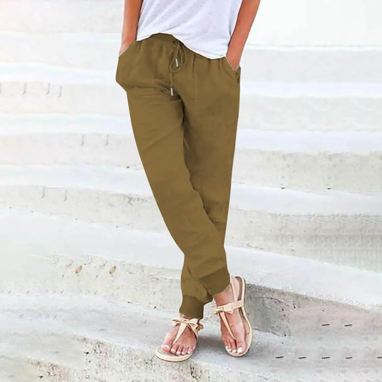 Straight Leg Cotton Linen Pants Women Lightweight Fashion Summer Casual Pants with Pockets Drawstring Loose Trousers