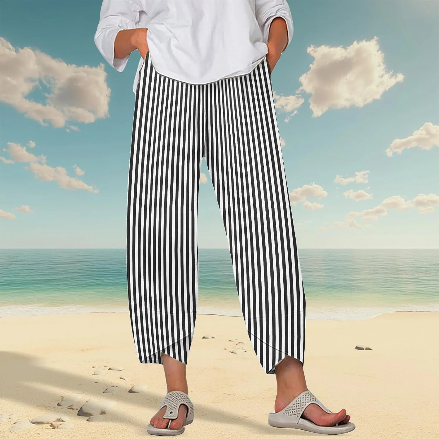 Striped Linen Pants for Women Summer Wide Leg Cropped Palazzo Trousers Casual Comfy Capri Baggy Pants with Pockets
